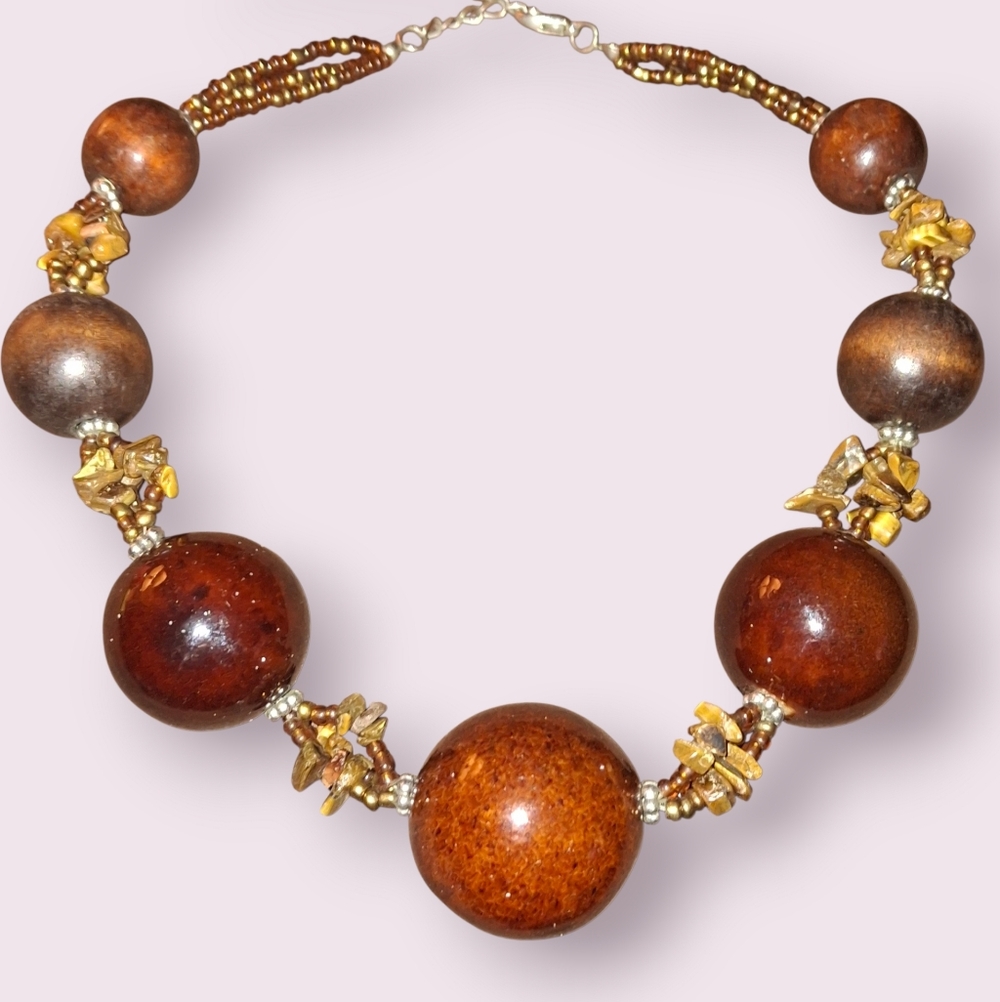 Ceramic Tigers Eye Gemstone Chip Bead Choker Vintage Necklace
